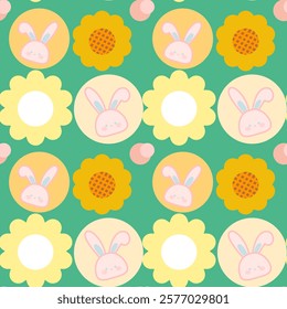 Rabbit , Flowers on green background , Fabric pattern , Wrapping paper , Notebook cover, seamless pattern 