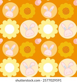 Rabbit , Flowers on orange background , Fabric pattern , Wrapping paper , Notebook cover, seamless pattern 