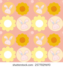 Rabbit , Flowers on pink background , Fabric pattern , Wrapping paper , Notebook cover, seamless pattern 