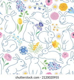 Rabbit and flowers seamless pattern. Spring bunny seamless background