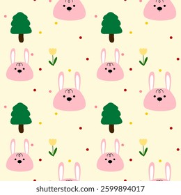 Rabbit , Flowers , Trees on yellow background , Fabric ,, Seamless pattern