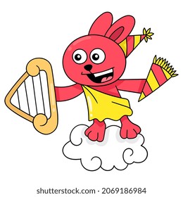 the rabbit is flying above the clouds playing the harp, vector illustration art. doodle icon image kawaii.