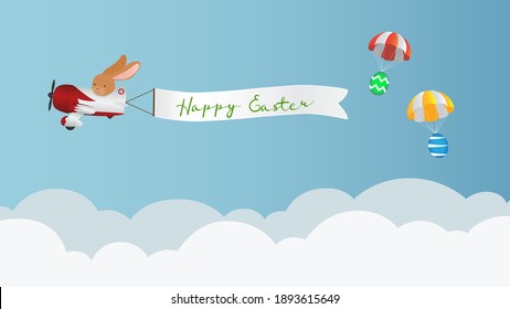 Rabbit flying airplane pulls Happy Easter banner on sky background illustration