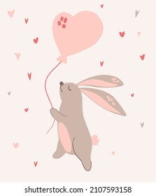 Rabbit is flying in a balloon. Cute baby bunny. Hand drawing style for baby shower, greeting card, party invitation, fashion clothes print, For Valentine's Day. Children cartoon Vector Illustration