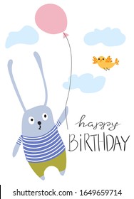 The rabbit is flying in a balloon. Greeting card with typography Happy Birthday. Scandinavian style, flat vector illustration.