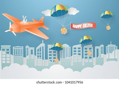 Rabbit flying a plane on the sky go to the city in spring season.EASTER concept,vector and illustration.