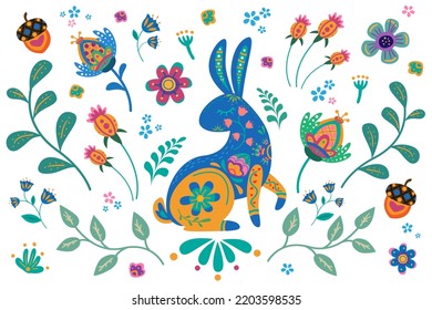 Rabbit with folk flower elements. Bunny in folk boho style.