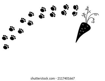  Rabbit foot print steps path and carrot vector doodle hand drawn background.