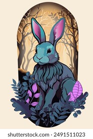 Rabbit in the forest with leaves and berries on the beige background