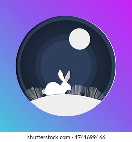 rabbit in forest with moon, vector paper art and craft style illustration.Vector illustration