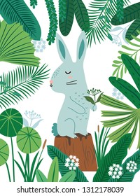 Rabbit in forest pattern. Vector illustration