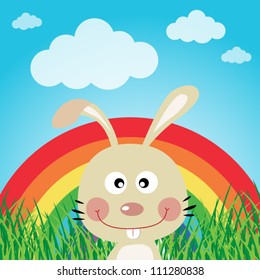 Rabbit in the forest with rainbow