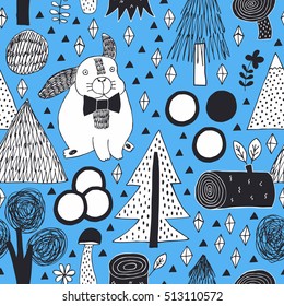 Rabbit in forest seamless pattern. Vector illustration with tree, mushroom, flower, stump. Wrapping, surface decoration.