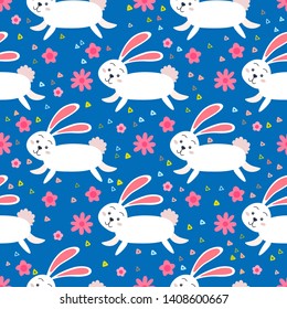 Rabbit forest Seamless Pattern. Woodland animals. Vector childish illustration. Cartoon characters in flat style. White bunnies with flower. Wrapping, notebooks, labels, accessories-school.
