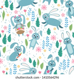 Rabbit forest Seamless Pattern. Woodland animals. Vector childish illustration. Cartoon characters in flat style. Cute bunnies with flower. Wrapping, notebooks, labels, accessories-school.