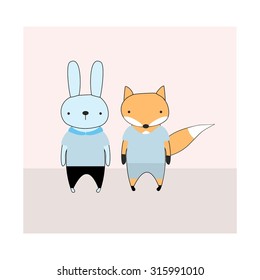 Rabbit and fox cartoon cute vector illustration, stock vector