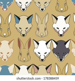 Rabbit and fox heads shuffled seamless pattern, easter bunny, hipster background.