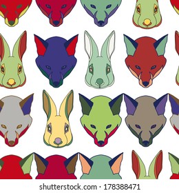 Rabbit and fox heads shuffled seamless pattern, easter bunny, hipster background.