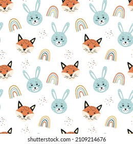 Rabbit, fox and rainbow. Seamless pattern. Cute baby print. Vector illustration