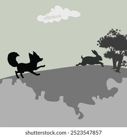 Rabbit and fox.  Silhouette landscape scene. Vector illustration.
