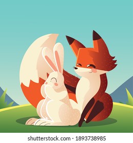 conejo y zorro sentados en la ilustración vectorial de los animales de la caricatura de hierba