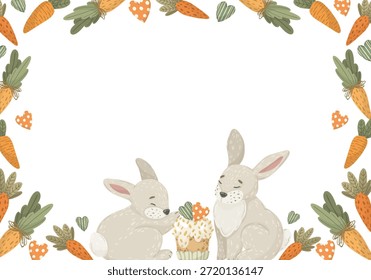 Marco de conejo con cupcake y borde de zanahoria, Ilustración vectorial dibujada a mano. Marco rectangular Horizontal para tarjetas e invitaciones de Pascua