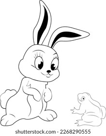 Rabbit and frog. Frog and hare. Silhouette. Cute animals. Green toad. Gray hare.