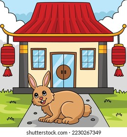 Rabbit in front of Chinese Temple Colored Cartoon