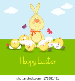 rabbit with funny chickens.easter illustration