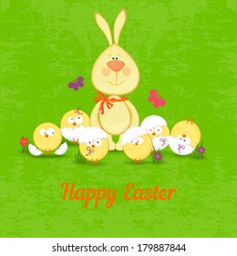 rabbit with funny chickens.easter illustration
