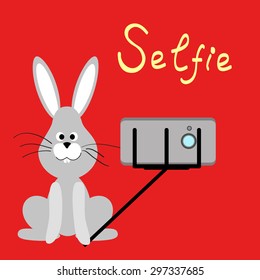 Rabbit. Funny selfie animals on a red colored background. Vector illustration. Rabbit is doing selfie  on smartphone. Flat.