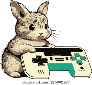 Rabbit with gaming joystick in his hands. Vector image..