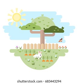 Rabbit in the garden. Flat vector illustration depicting white rabbit in the garden among carrot. 