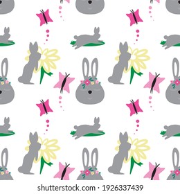 Rabbit in the garden with flowers, butterflies and grass illustration. Seamless pattern. Rabbit laying down, smelling flower, face with flower decoration around head. 