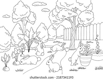 Rabbit in garden graphic black white sketch landscape illustration vector