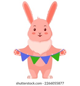 Rabbit with garland on white background. Easter bunny. Cute cartoon character. Design of funny animals sticker for showing emotion. Vector illustration