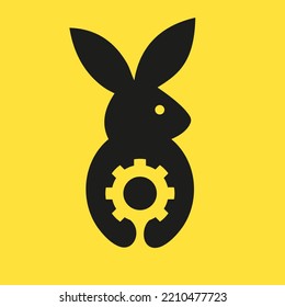 Rabbit Gear Logo Negative Space Concept Vector Template. Rabbit Holding Gear Symbol