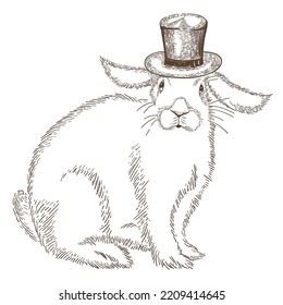 Rabbit gentleman in cylinder hat. Vector vintage hand drawn illustration of cute rabbit.