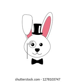 Rabbit gentleman. Top hat. White rabbit head. Gentleman club text. Vector illustration.