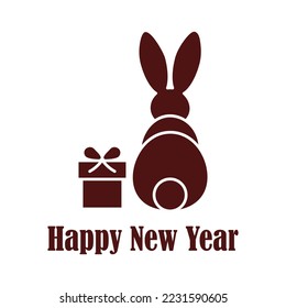 Rabbit with gift box Bunny with present Happy New Year minimalistic greeting card
