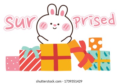 Rabbit in gift box hand drawn on white background.Cute cartoon character design.Animal doodle.Kawaii.Happy birthday,Celebration,New year concept.Kid graphic.Vector.Illustration.