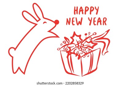 Conejo y caja de regalo sobre fondo blanco. Feliz Año Nuevo 2023. Ilustración vectorial.