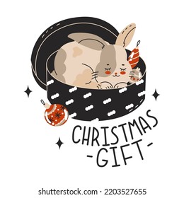 Kaninchen in einer Geschenkbox. Weihnachtsgeschenk zitieren. Kaninchen ist das Symbol des chinesischen Neujahrs. Weihnachten- oder Osterhasen für Grußkarten. Zodiac-Schilder.  Vektorgrafik im Cartographie-Stil
