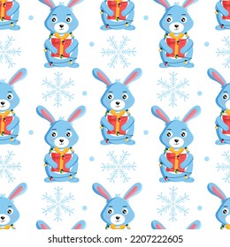 Rabbit with gift box and snowflake. Seamless pattern. Can be used for web page background fill, surface texture