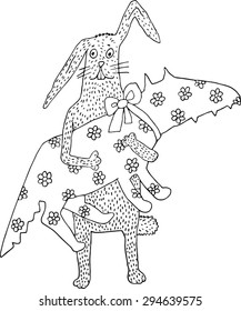 Rabbit with gift. Hand drawn illustration.