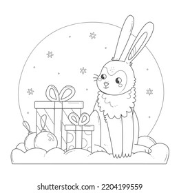 A rabbit with gifts kids coloring page. Bunny character in the snow with gifts and Christmas toys coloring book. Vector New Year's Christmas illustration. Winter 2023.