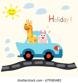 rabbit and giraffe holidays by car cartoon design for kids shirt, graphic book