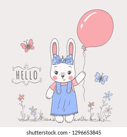 Rabbit girl with balloon. Little bunny. Cute vector illustration