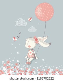 rabbit girl with balloon.hand drawn vector illustration.can be used for kid's or baby's shirt design, fashion print design, fashion graphic, t-shirt, kids wear