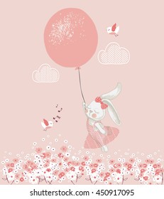 rabbit girl with balloon/hand drawn vector illustration/can be used for kid's or baby's shirt design/ fashion print design/ fashion graphic/ t-shirt/ kids wear